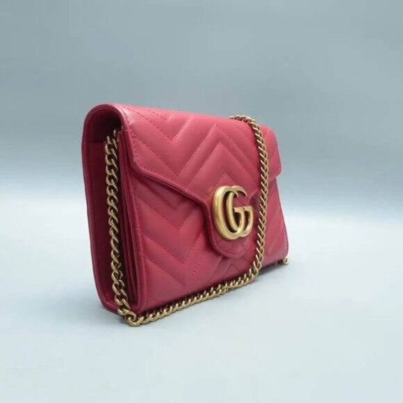 Authentic GUCCI GG Marmont Chain Wallet Red Leather Shoulder Bag Lux550-100225 - Picture 3 of 12